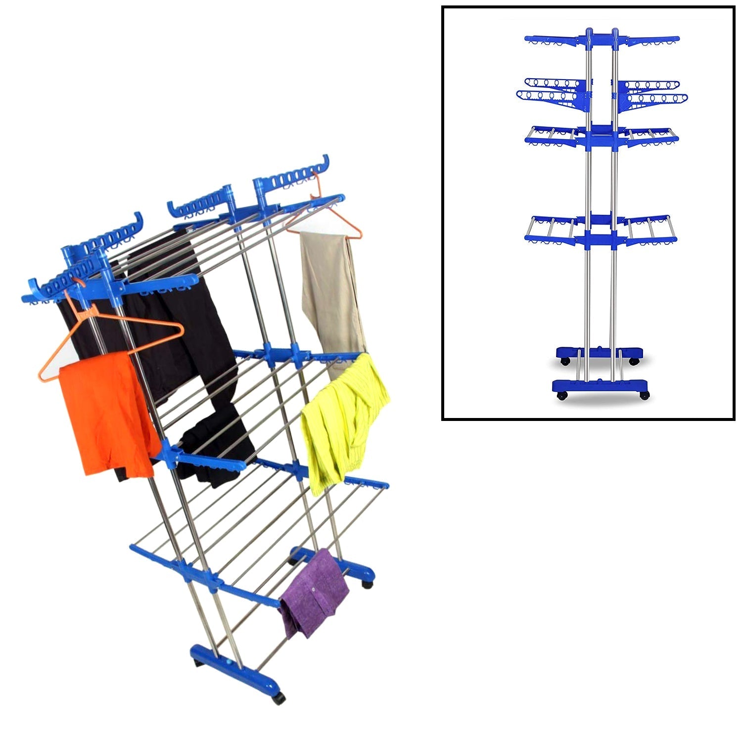 0733A Stainless Steel Folding Double Supported 3 Layer Cloth Drying Stand Laundry Dryer Hanger with Breaking Wheels for Balcony Indoor and Outdoor Home, Steel 0733A Stainless Steel Folding Double Supported 3 Layer Cloth Drying Stand Laundry Dryer Hanger with Breaking Wheels for Balcony Indoor and Outdoor Home, Steel